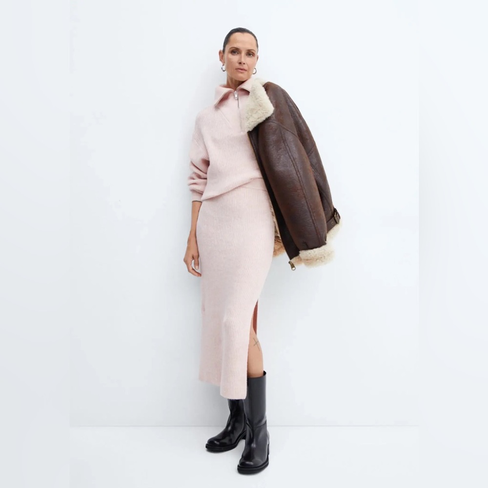 FULL SET Mango MNG (like-new) wool blend zip sweater + knit midi skirt set